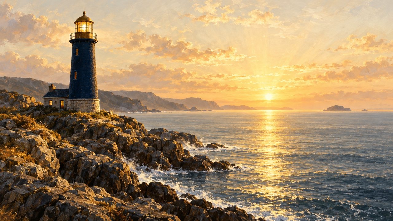 Un faro sobre la costa al amanecer